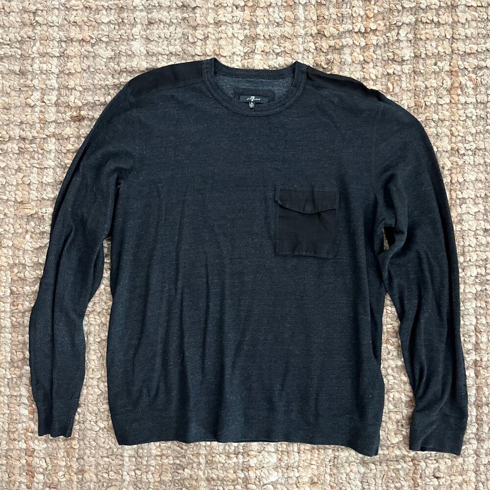 7 For All Mankind Waffle Knit Long Sleeve T-Shirt Black XL Made in USA Pocket